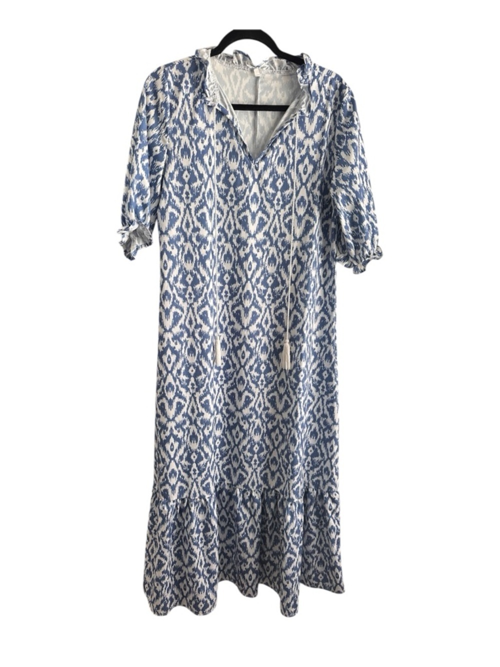 Blue Ikat Tie-Neck Maxi Dress